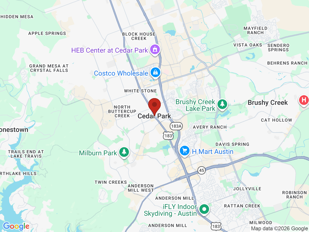 Map of Cedar Park, TX